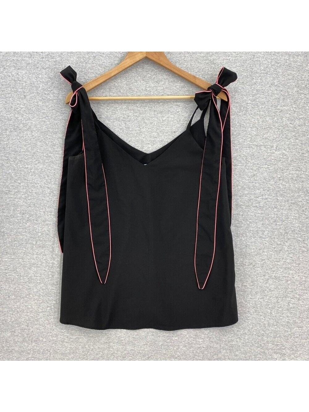 Judith March Top Womens Medium Black Lined Tank Top Pink Trim Ties at Shoulder